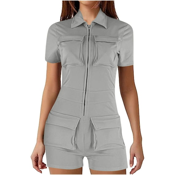 Women's Summer Bodycon Romper Athletic High Waist Short Sleeve Jumpsuit with Pockets One Piece Slim Zip Front Playsuit, Gray, L