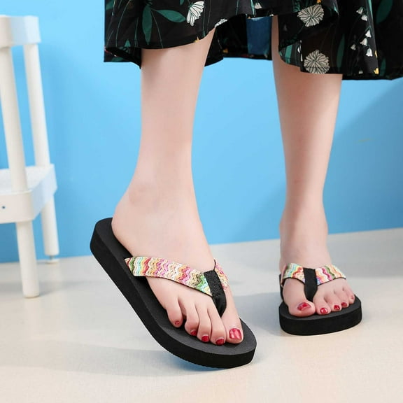 Women's Summer Bohemian Flip-flops Wear Stylish Flat Beach Slippers Over FlatsBlack qILAKOG Size 8.5