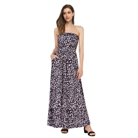 Women's Summer Bohemian Floral Printed Strapless Beach Party Long Maxi Dress
