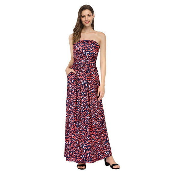 Women's Summer Bohemian Floral Printed Strapless Beach Party Long Maxi Dress