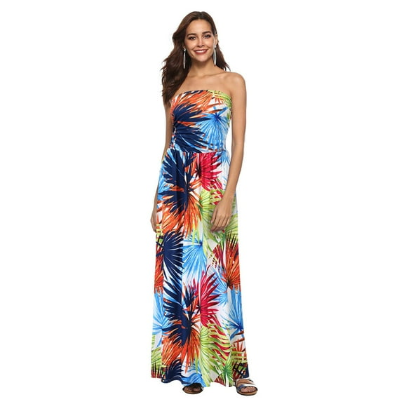 Women's Summer Bohemian Floral Printed Strapless Beach Party Long Maxi Dress