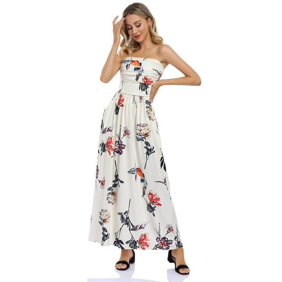 Women's Summer Bohemian Floral Printed Strapless Beach Party Long Maxi Dress