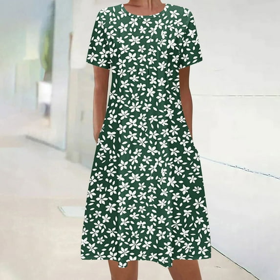 Women's Summer Bohemian Print Short Sleeve Beach Dress Knee Length Dress