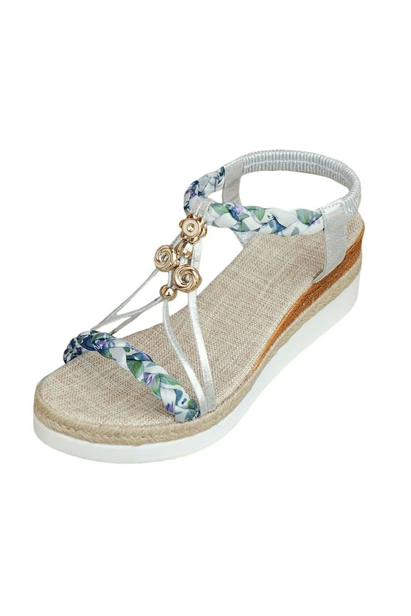 Summer Beach Wedding Sandals Women Low Wedge Platform Wide Fit Elastic Ankle Bohemian