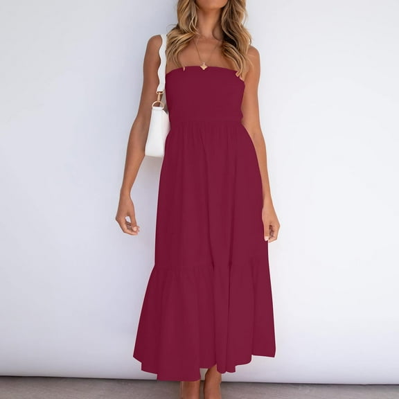 Women's Summer Bohemian Strapless Maxi Dress Casual Long Dress for Party Wedding Vacation Polyester Solid Color Pullover Fashion Sleeveless Dress