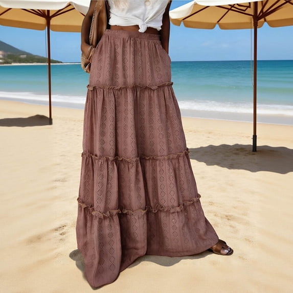 Women's Summer Boho A-Line Maxi Skirt Flowy Ruffled Layered High Waist Beach Long Skirt with Pockets Ankle-Length,Red