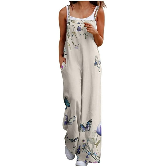 Women's Summer Boho Beach Jumpsuits Cute Floral Print Straight Wide Leg Rompers Spaghetti Straps Bib Pants for Resort