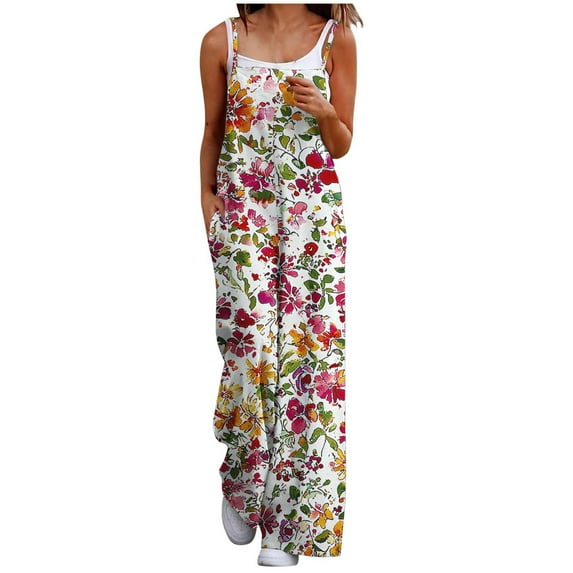 Women's Summer Boho Beach Jumpsuits Cute Floral Print Straight Wide Leg Rompers Spaghetti Straps Bib Pants for Resort