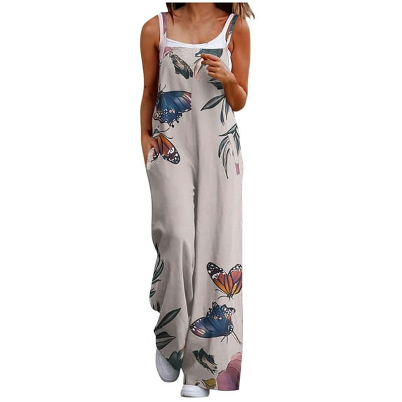 Women's Summer Boho Beach Jumpsuits Cute Floral Print Straight Wide Leg Rompers Spaghetti Straps Bib Pants for Resort