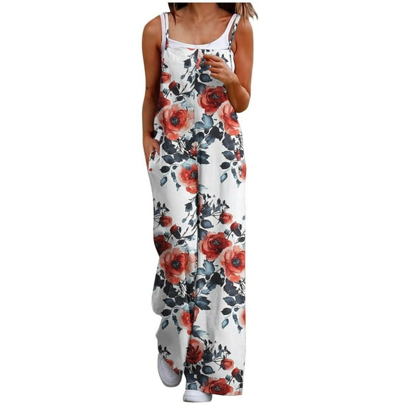 Women's Summer Boho Beach Jumpsuits Cute Floral Print Straight Wide Leg Rompers Spaghetti Straps Bib Pants for Resort