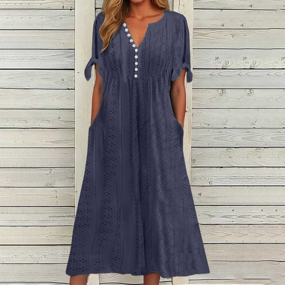 Women's Summer Boho Casual Dress Flowy Maxi Long Tshirt V Neck Button Down Beach Dress with Pockets Trendy Eyelet Design