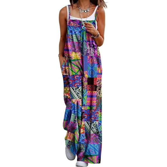 Women's Summer Boho Casual Jumpsuits Wide Leg Overalls Floral Print Baggy Rompers with Pocket PZZCR