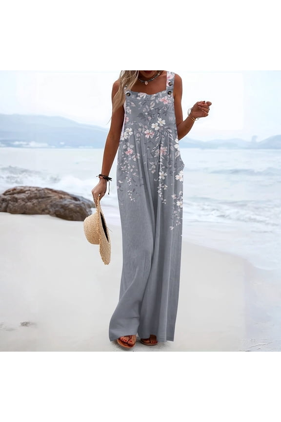 Women's Summer Boho Casual Jumpsuits Wide Leg Overalls Floral Print Baggy Rompers with Pockets Gray XL