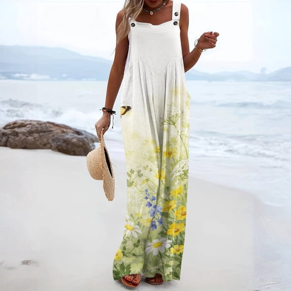 Women's Summer Boho Casual Jumpsuits Wide Leg Overalls Floral Print Baggy Rompers with Pockets Green L