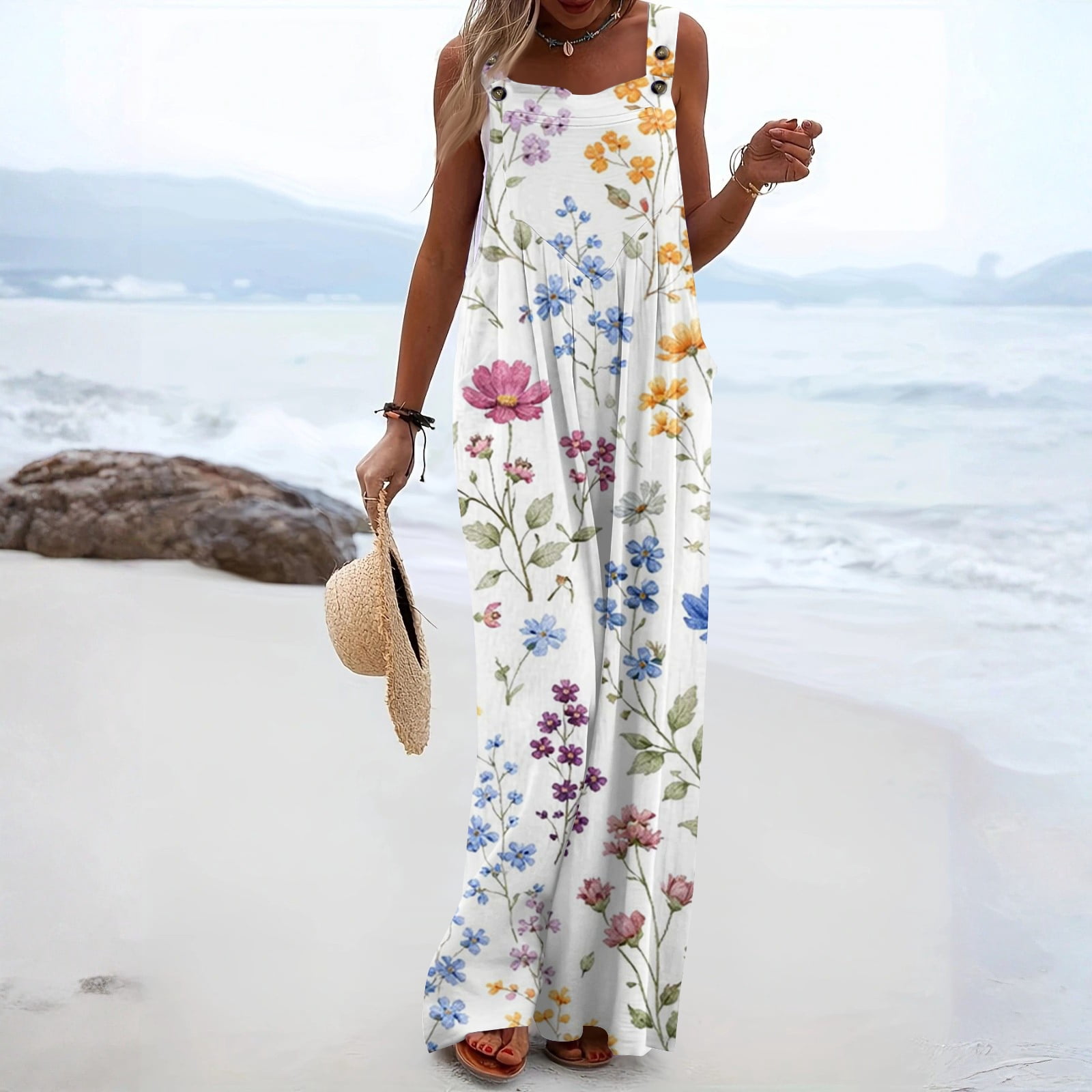 boho rompers and dresses Women's Summer Casual Jumpsuits Wide Leg Overalls Floral Print Baggy with Pockets Multicolor L Carlyle Dresser | One SIZE:L( Bust 86-90 Waist 70-72 Hips 100 ) slim fit Overalls 40 Bust
