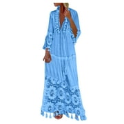 Women's Summer Boho Dress Casual Plus Size Maxi Dress Solid Color V Neck Sun Dresses Lace Fringe Long Dress