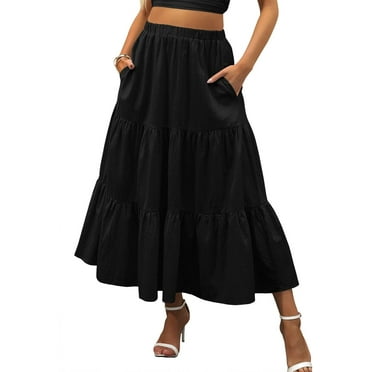 Women’s Summer Boho Elastic Waist Pleated A-Line Flowy Swing Tiered Long Beach Skirt Dress with Pockets