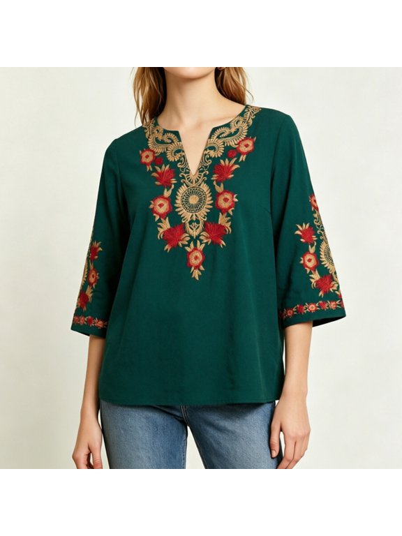 Women's Summer Boho Embroidery Mexican Bohemian Tops V Neck 3/4 Sleeve Causal Loose Shirt Blouse Tunic Tops Vacation Beach Daily Wear(Green,XL)