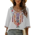 thumbnail image 1 of Women's Summer Boho Embroidery Mexican Bohemian Tops V Neck 3/4 Sleeve Causal Loose Shirt Blouse Tunic, 1 of 2