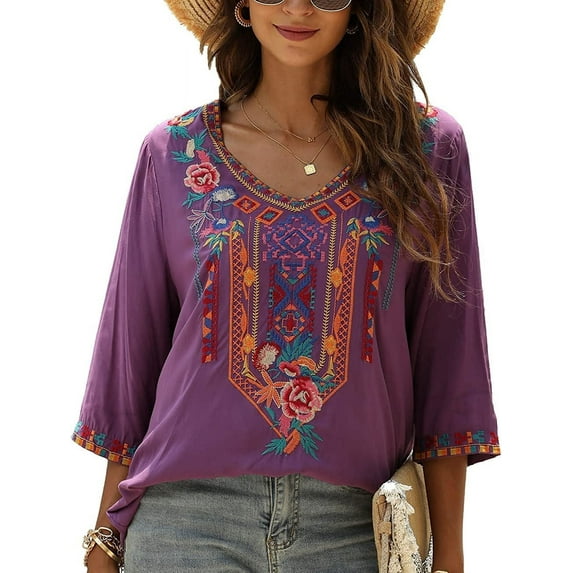 Women's Summer Boho Embroidery Mexican Bohemian Tops V Neck 3/4 Sleeve Causal Loose Shirt Blouse Tunic