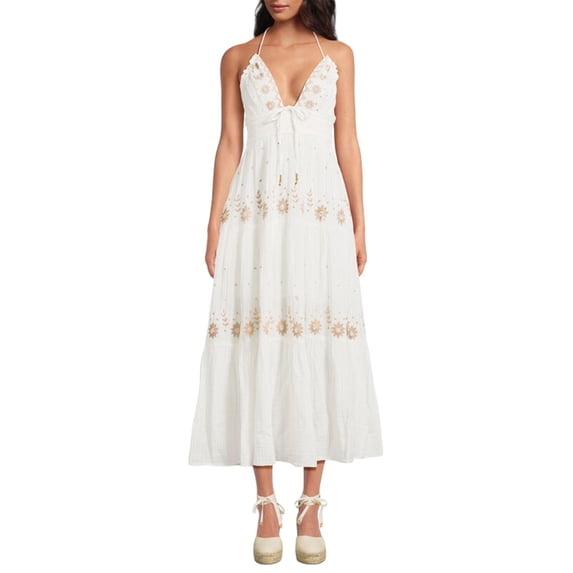 Women's Summer Boho Floral Halter Neck Maxi Dress Sleeveless Low Cut Backless Tiered Flowy Long Dresses Beach Sundress