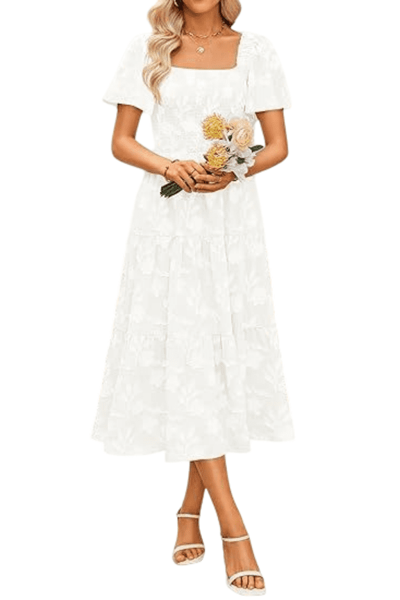 Women‘s Summer Boho Floral Midi Dress 2026 Casual Short Sleeve Square Neck Flowy Beach Vacation Long Dress