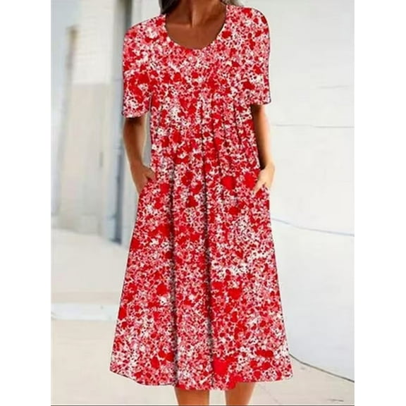 Women's Summer Boho Floral Midi Dress Casual Loose Beach Vacation Short Sleeve Tshirt Dress Knee Length with Pockets