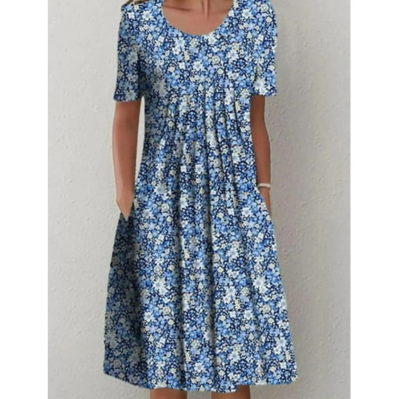 Women's Summer Boho Floral Midi Dress Casual Loose Beach Vacation Short Sleeve Tshirt Dress Knee Length with Pockets