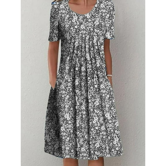 Women's Summer Boho Floral Midi Dress Casual Loose Beach Vacation Short Sleeve Tshirt Dress Knee Length with Pockets