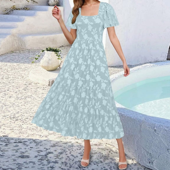 Women's Summer Boho Floral Midi Dresses 2025 Casual Short Sleeve Square Neck Flowy Beach Vacation Long Dress Womens Dresses Fall Long Long Bridesmaid Dress Dressy Casual Dresses for Women Summer