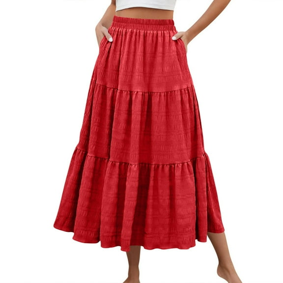 Women’s Summer Boho Flowy Swing Tiered A-Line Maxi Skirt 2025 Fashion Trendy High Waist Elastic Waist Pleated Long Beach Dress
