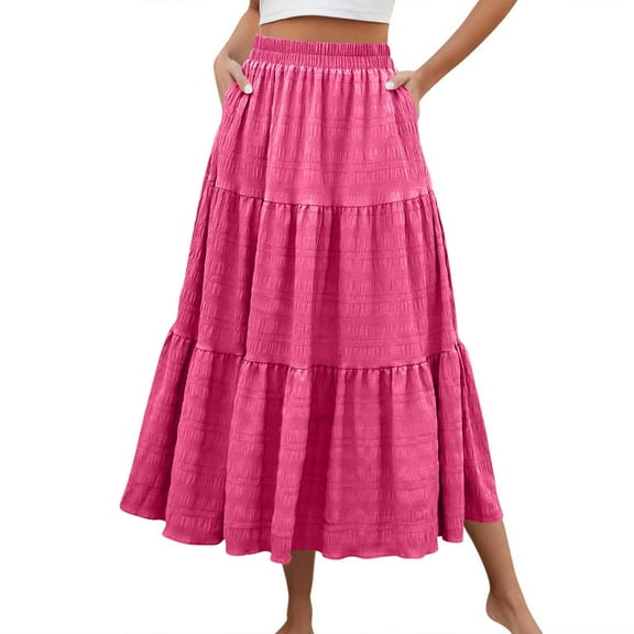Women’s Summer Boho Flowy Swing Tiered A-Line Maxi Skirt 2025 Fashion Trendy High Waist Elastic Waist Pleated Long Beach Dress