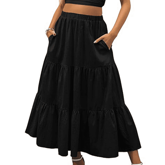 Women’s Summer Boho Flowy Swing Tiered A-Line Maxi Skirt Fashion Trendy Waist Pleated Long Beach Skirt Black S