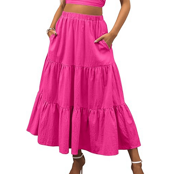 Women’s Summer Boho Flowy Swing Tiered A-Line Maxi Skirt Fashion Trendy Waist Pleated Long Beach Skirt Rose M