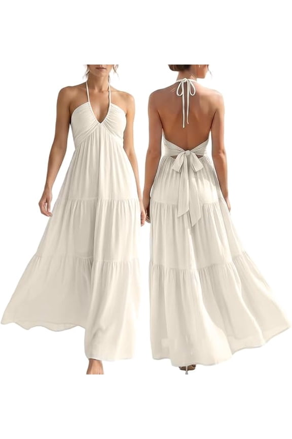 Women‘s Summer Boho Halter Maxi Dress V Neck Backless Ruffle Beach Wedding Guest Vacation Flowy Sundress(X-Large)Q