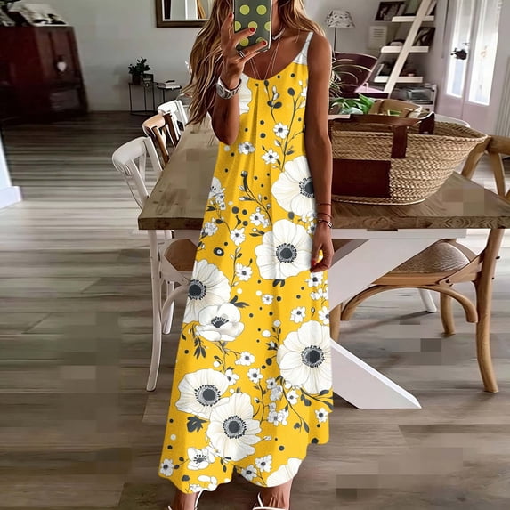 Women's Summer Boho Maxi Dress Spaghetti Strap Sleeveless Floral Print V Neck Backless Flowy Swing Long Sun Dress For Beach Vacation Party Daily Wear