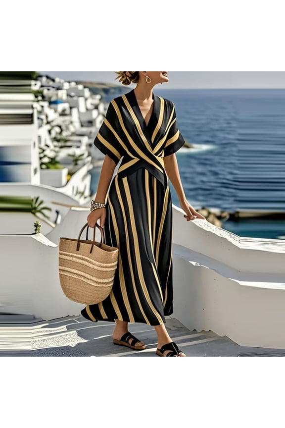 Women's Summer Boho Maxi Dress V Neck Short Sleeve Wrap Front High Waist A-Line Flowy Long Dress Vertical Striped Pattern Elegant Wedding Guest Party Dress