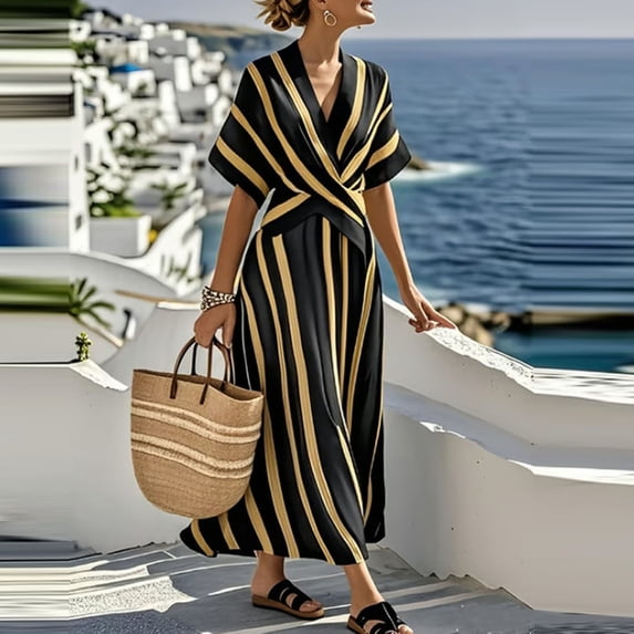 Women's Summer Boho Maxi Dress V Neck Short Sleeve Wrap Front High Waist A-Line Flowy Long Dress Vertical Striped Pattern Elegant Wedding Guest Party Dress