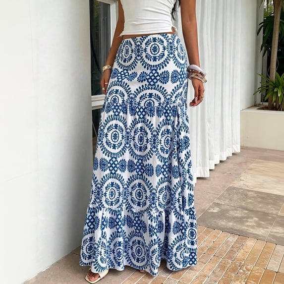 Women’s Summer Boho Maxi Skirts High Waisted Tiered Floral Skirts Vacation Loose Causal Skirts, L