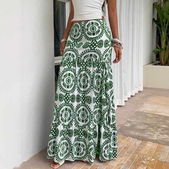 Women’s Summer Boho Maxi Skirts High Waisted Tiered Floral Skirts Vacation Loose Causal Skirts, S