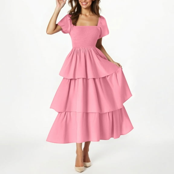 Women's Summer Boho Midi Dress Short Sleeve Flowy a Line Tiered Beach Vacation Long Dresses New Plus Size Wedding Guest Dress Pinky S