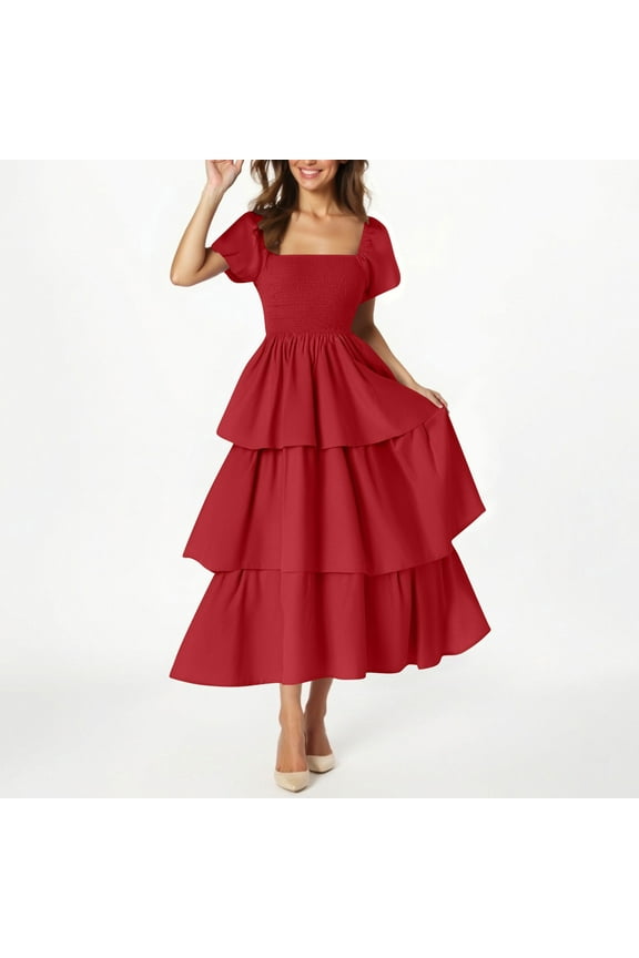 Women's Summer Boho Midi Dress Short Sleeve Flowy a Line Tiered Beach Vacation Long Dresses New Sundresses for Women Vacation Red M