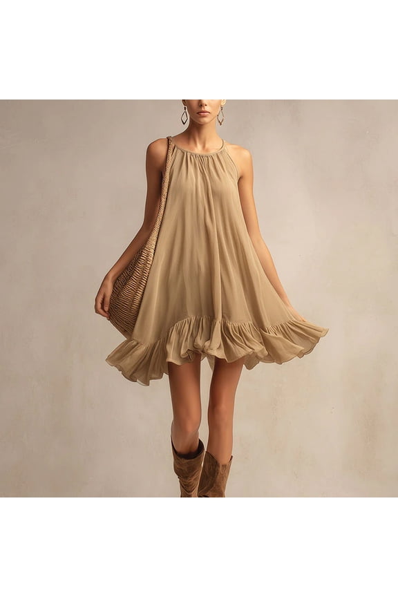 Women's Summer Boho Mini Dress Halter Neck Sleeveless Ruffle Hem Flowy Swing A-Line Sundress Lightweight Breathable Tiered Beach Vacation Party Dress