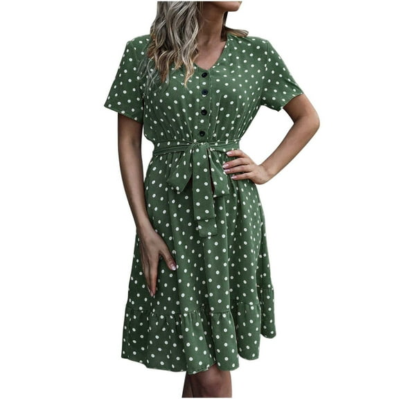 Women's Summer Boho Polka Dot Dress Short Sleeve Button Up Dress V Neck Swing Sun Dress Work Casual Mini Midi Dress