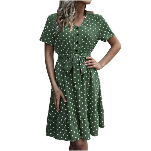 Women's Summer Boho Polka Dot Dress Short Sleeve Button Up Dress V Neck Swing Sun Dress Work Casual Mini Midi Dress