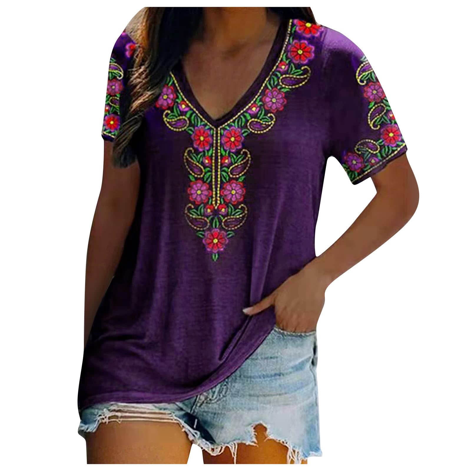 Women's Summer Boho Shirt Bohemian Blouse Short Sleeve Casual Tops ...