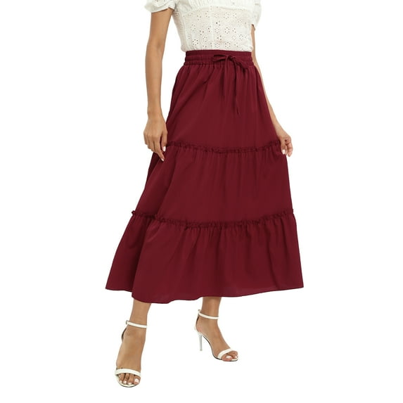 Women's Summer Boho Skirt High Elastic Waisted Drawstring Swing Ruched Tiered Maxi Skirt