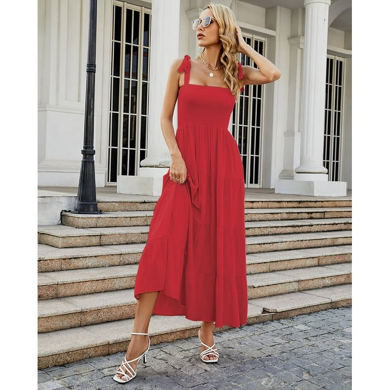 Women s Summer Boho Spaghetti Strap Square Neck Ruffle Casual Flowy Long Dress Beach Swing Party Maxi Dress Walmart
