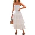 thumbnail image 1 of Women's Summer Boho Strapless Maxi Dress Casual Sleeveless Off Shoulder Smocked Tiered Beach Long Sundress White L (Floral Maxi Dresses for Women), 1 of 9
