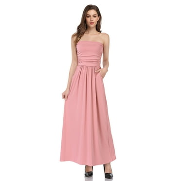 Women's Summer Boho Strapless Maxi Dresses High Waist Maxi Dress with Pockets